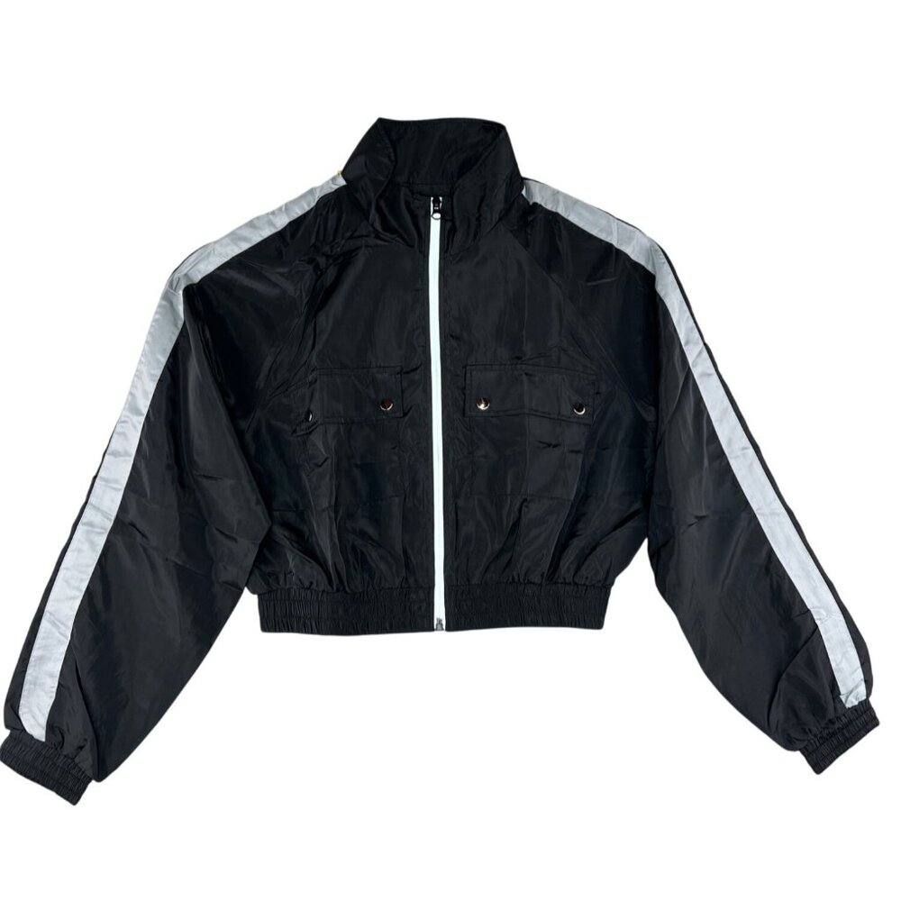 Cest Toi Cropped Black Nylon Jacket With Reflective Stripes & Zippered Front M - Picture 3 of 15